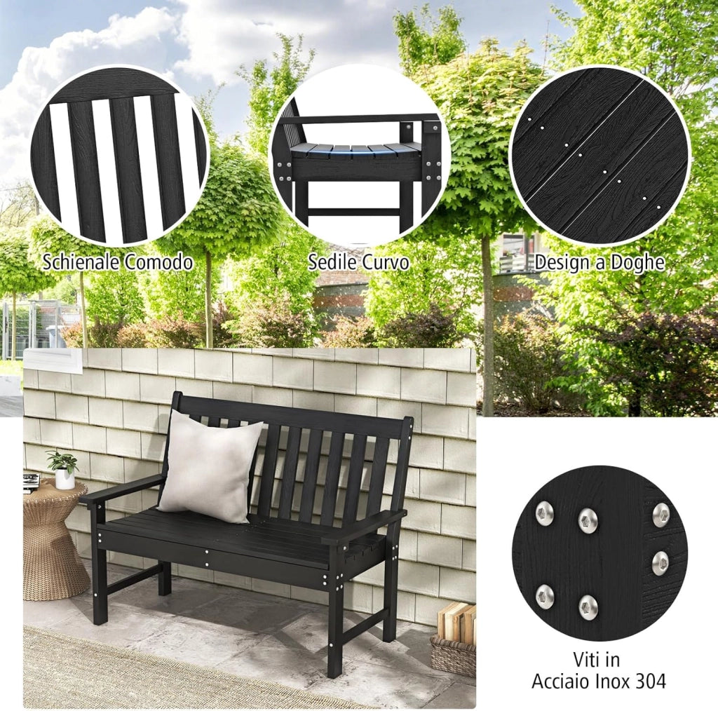 Panchina da Esterno, Panca da Giardino in HDPE Resistente con Schienale e Braccioli, Panchina da Parco, Balcone, Spogliatoio e Cortile, 132 x 65 x 91 cm (Nero)