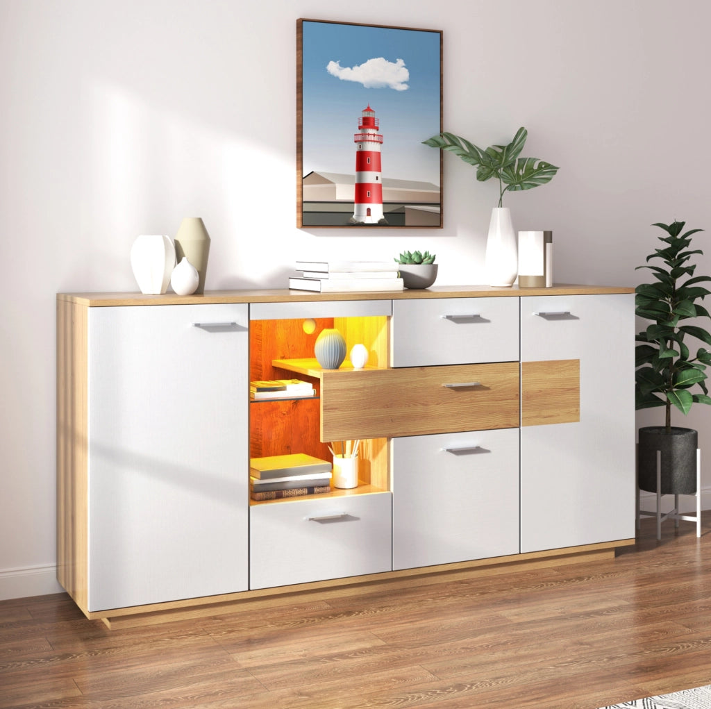 Credenza moderna 160x40x77 cm con LED, 2 ante e 4 cassetti