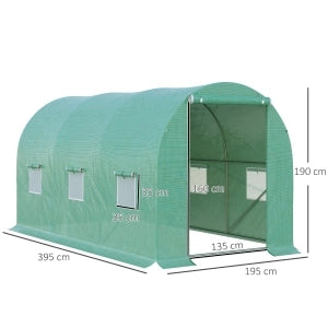 Serra a tunnel con finestre a rete, 395x195x190 cm, struttura in acciaio e telo trasparente verde