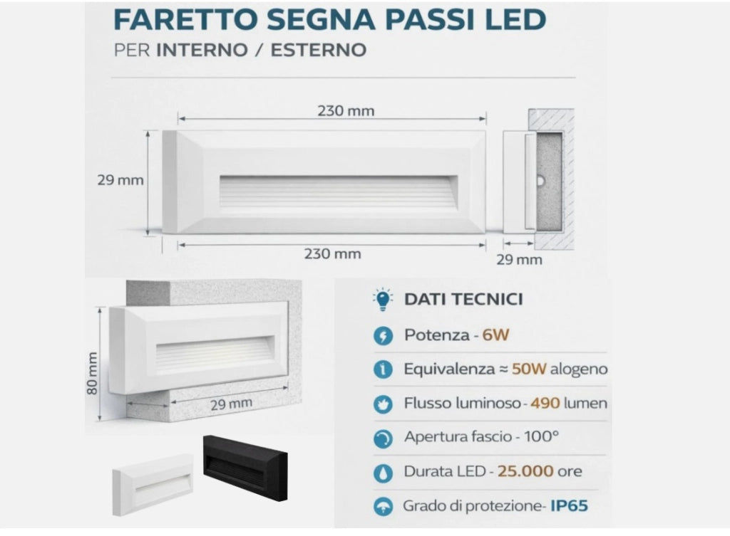 Lampada segnapasso LED moderno Nero 6W luce verso il basso CCT 3000K 4200K 6400K IP65 per scale corridoi esterni interni