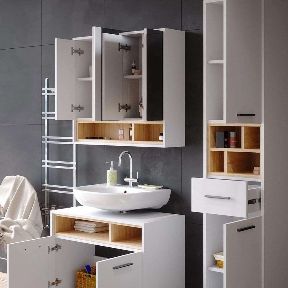 Specchio contenitore bagno Beatrice, Bianco, 80 x 72 cm, per montaggio a parete con ripiani aperti