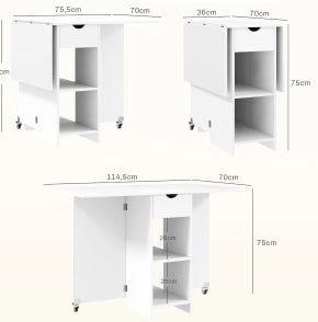 Tavolo da pranzo pieghevole 114.5x70x75 cm con due piani ribaltabili; in truciolare; bianco