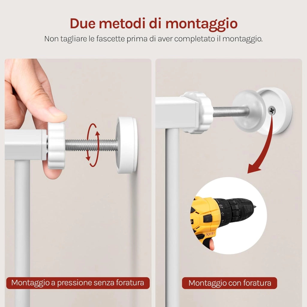 Cancelletto per Bambini in Metallo, Cancello per Scale e Porte con Apertura 75-107cm, Cancelletto per Cani Apribile in 2 Direzioni, Chiusura Doppia, Montaggio con/senza Foratura, Bianco