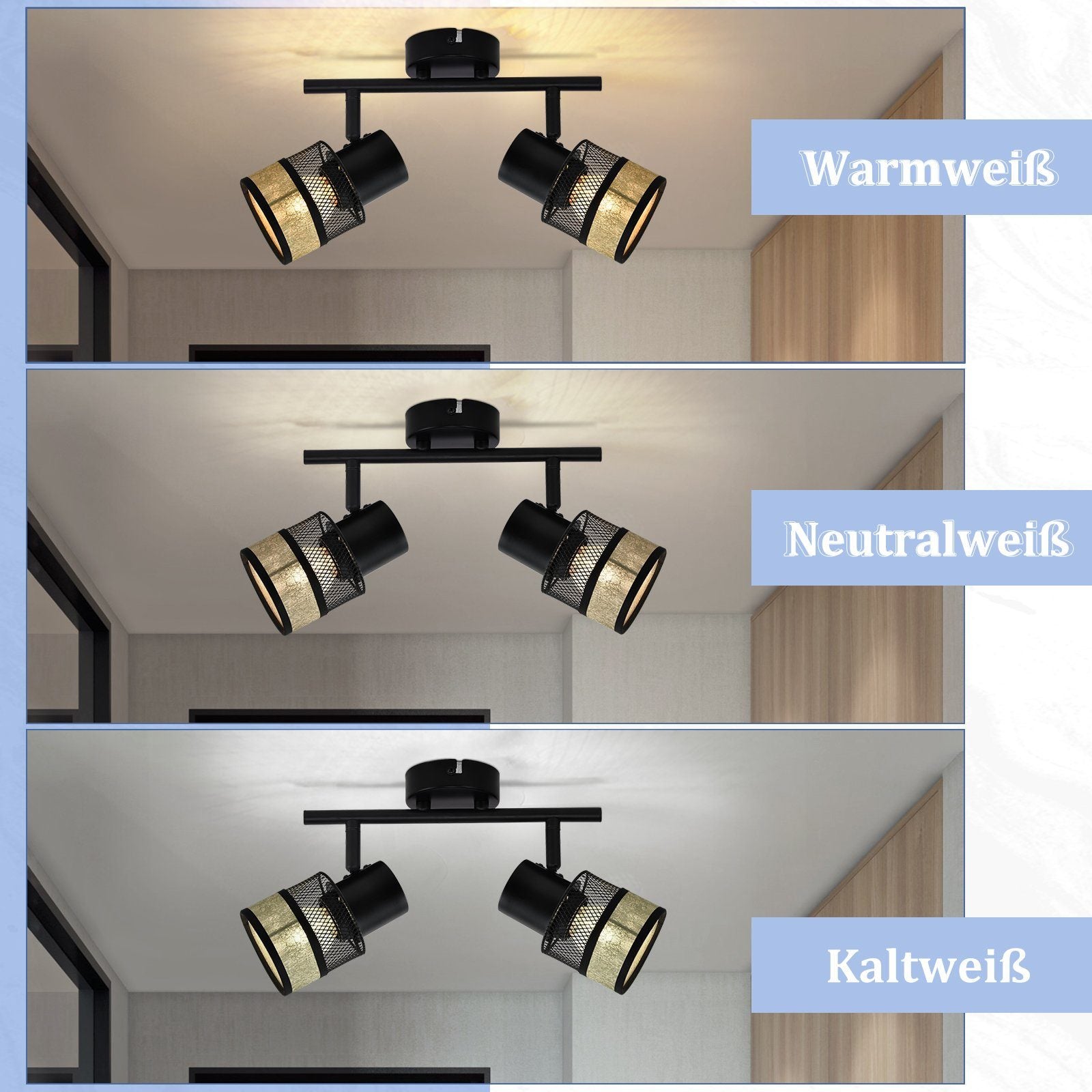 ZMH Faretto da soffitto neri 2 luci E27 metallo retrò 330° paralume tessuto dorato max 25W per corridoio