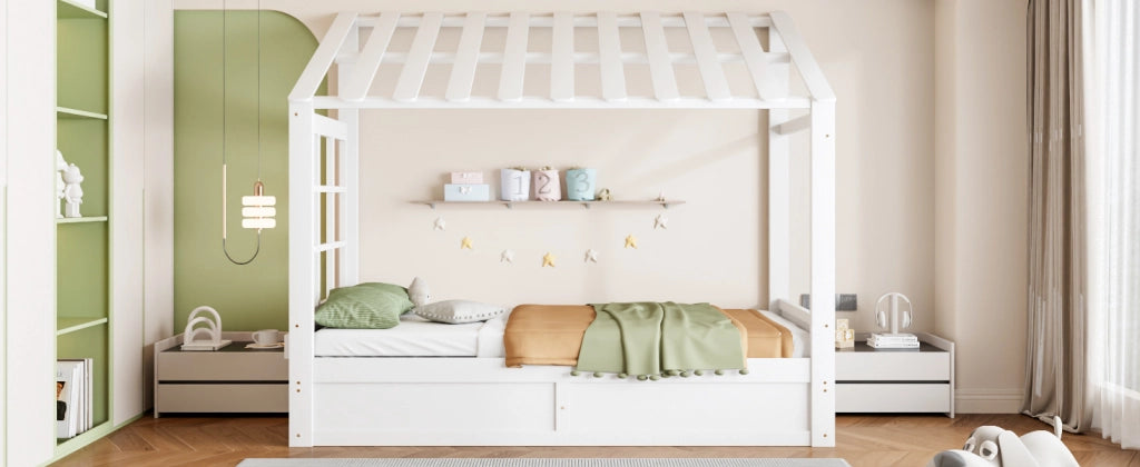 LETTO PER BAMBINI A CASETTA 90x200 cm Bianco in legno con vano contenitore