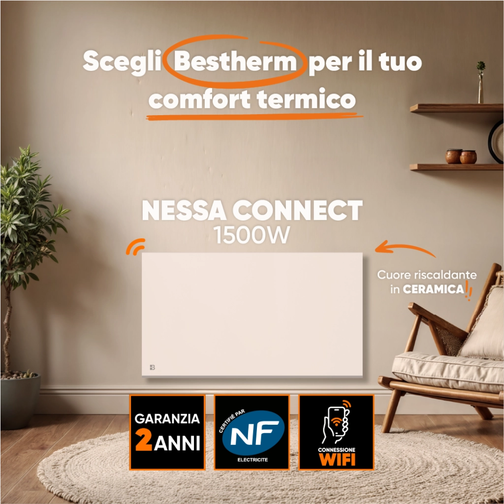 Radiatore elettrico fisso connesso WIFI con inerzia ceramica a secco 1500W NESSA CONNECT orizzontale bianco