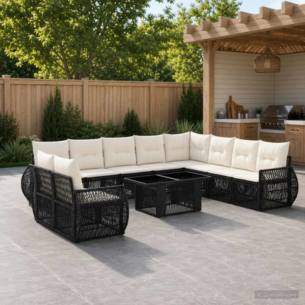 Set Divano da Giardino 11 pz Nero e Bianco Crema polyrattan 3436966
