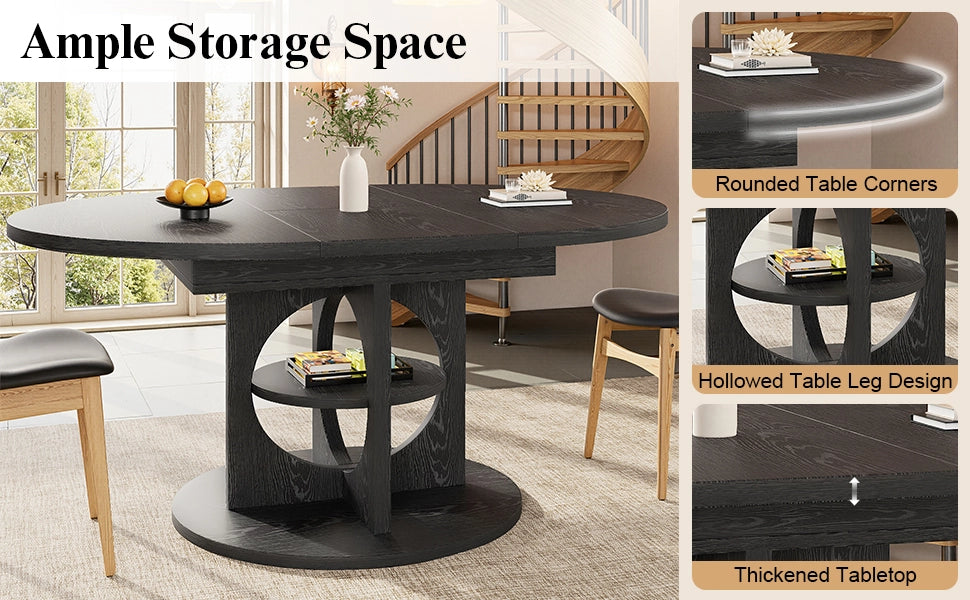 Tavolo allungabile con ripiano centrale, forma rotonda e ovale, moderno, per sala da pranzo e cucina, in MDF nero