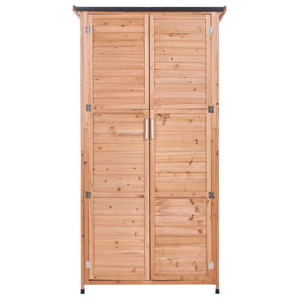 Casetta da giardino per esterni in legno di abete marrone chiaro con ante e ripiani. Struttura stabile. Resistente alle intemperie.