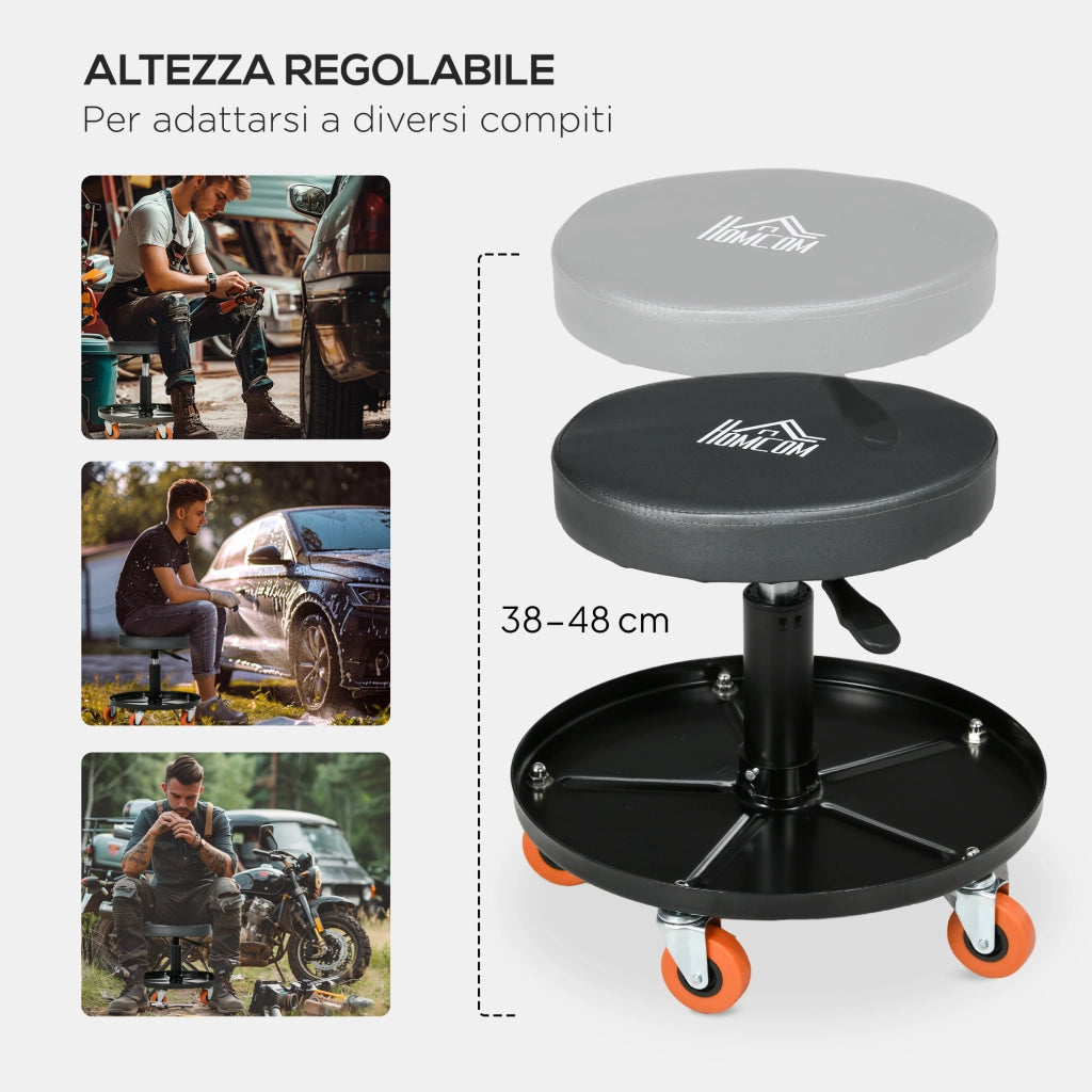 Sgabello da Officina con Ruote e Porta Attrezzi ¨C Zephmum ¨C Nero, ?40x25-48cm