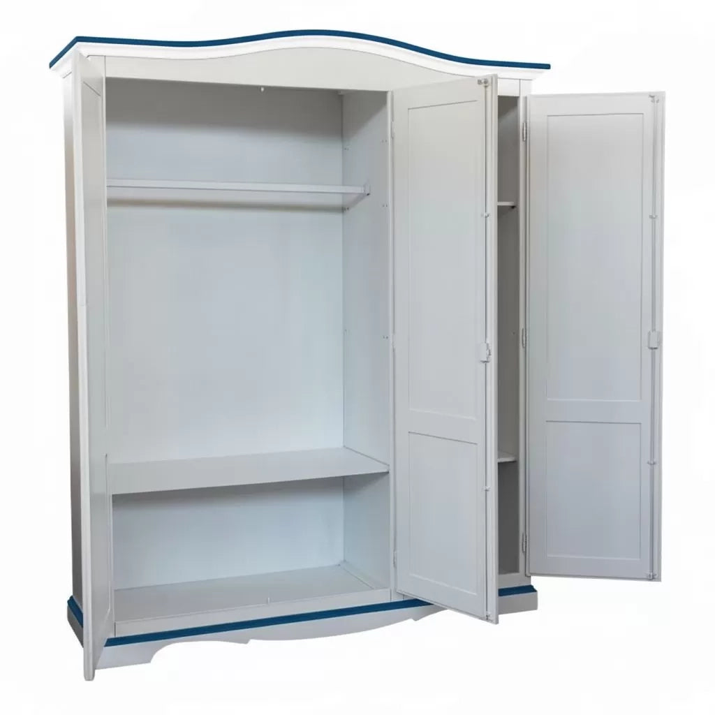 Armadio 3 porte bianco anticato filo blu pavoncella 158x56x197 - Mobili 2G