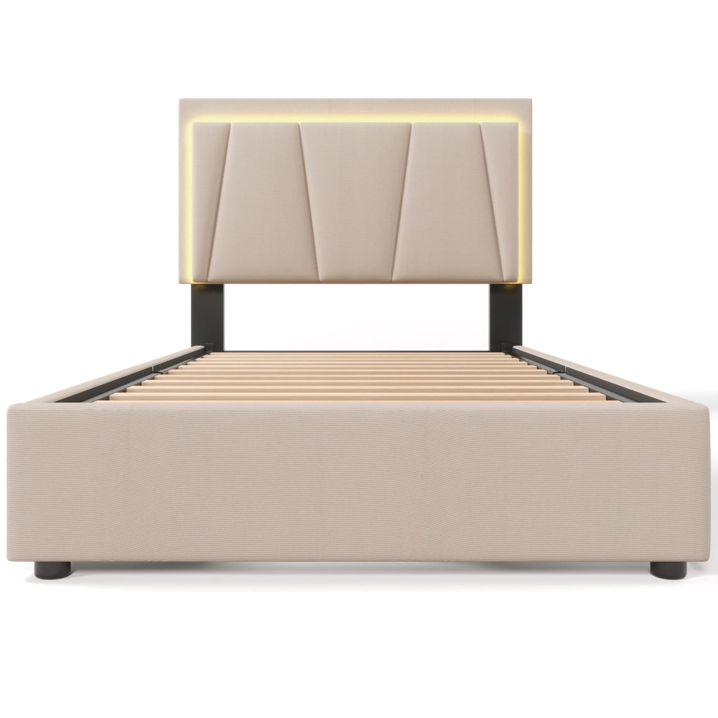 Letto singolo 90x200 cm con LED e 2 cassetti; testiera regolabile; beige