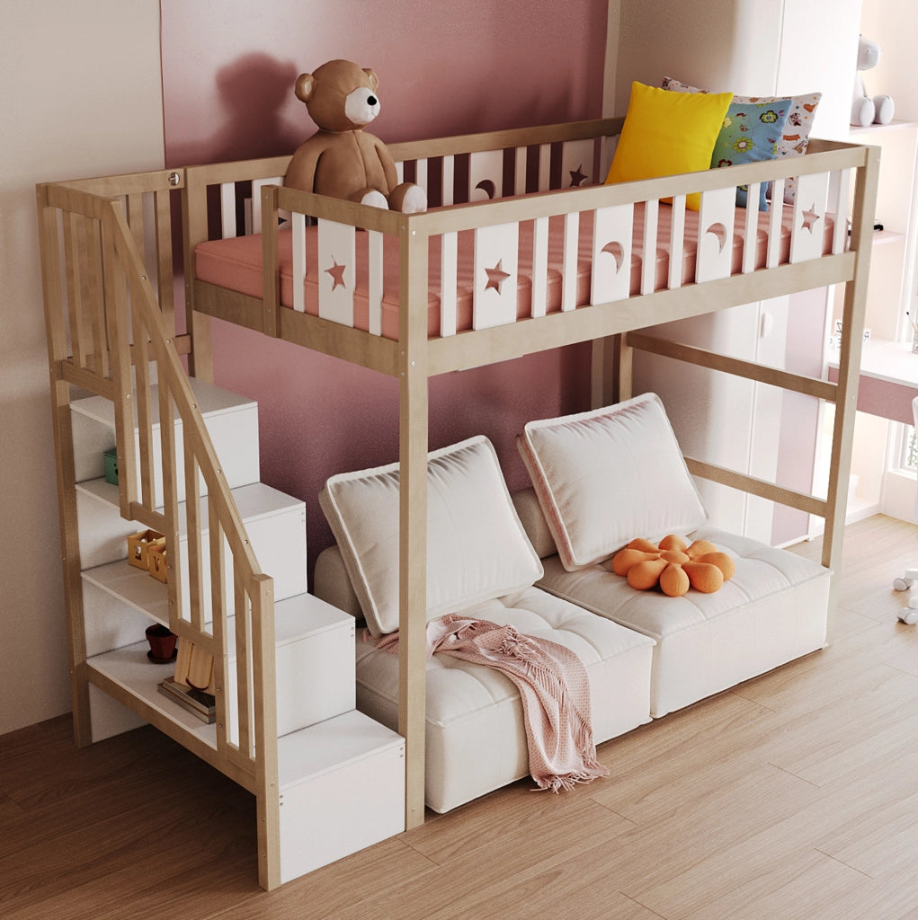 Letto a soppalco per bambini 90x200 cm in legno massello; con scala e ripiani; bianco/naturale