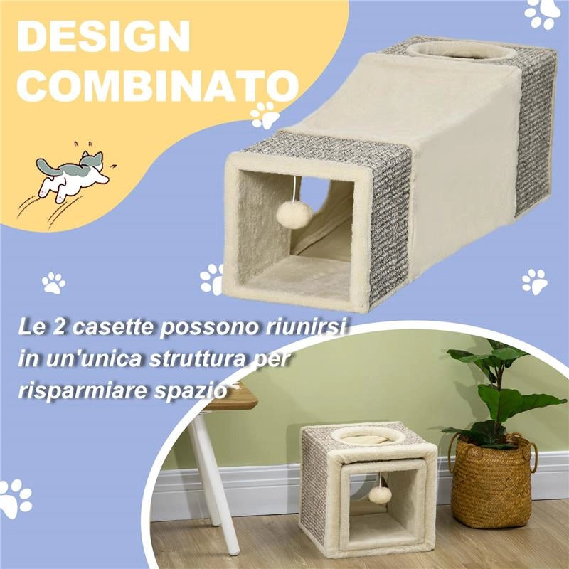 TUNNEL PER GATTI PIEGHEVOLE CON CASETTE, TIRAGRAFFI E PALLINA IN PELUCHE E SISAL, CREMA