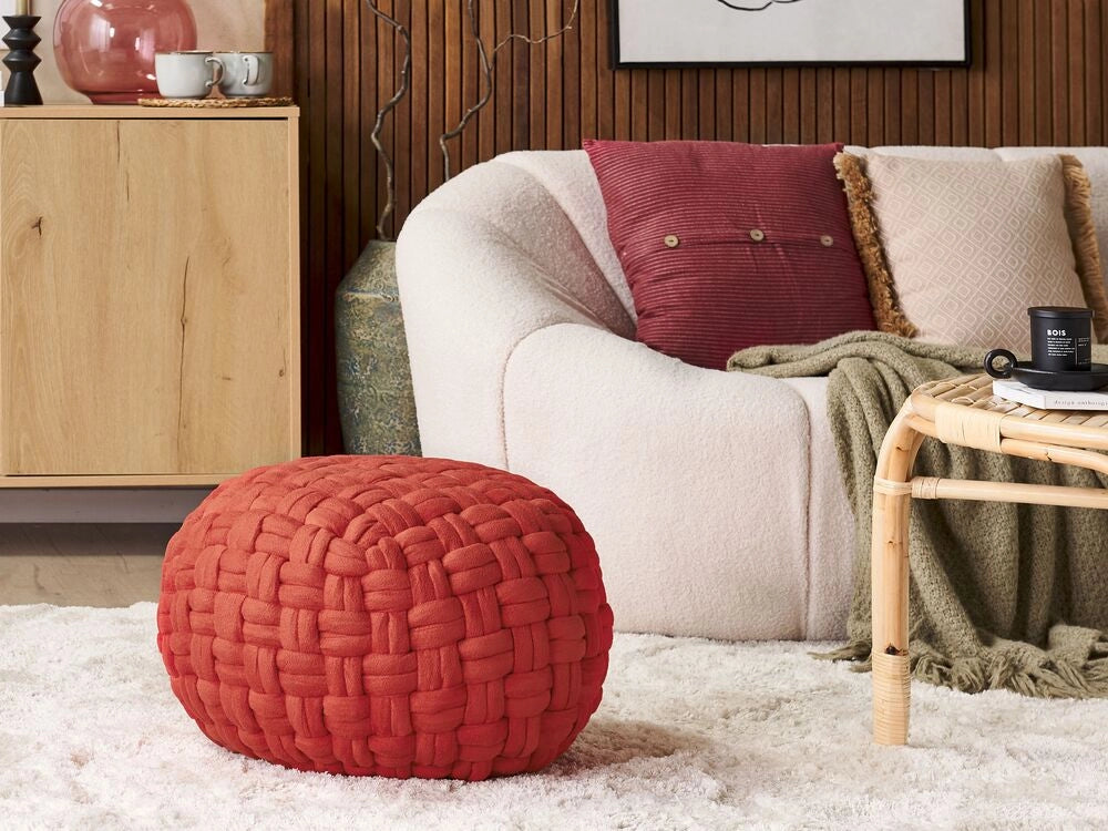 Pouf in velluto rosso 45 x 35 cm intrecciato a cesto fatto a mano rotondo con imbottitura in EPS poggiapiedi
