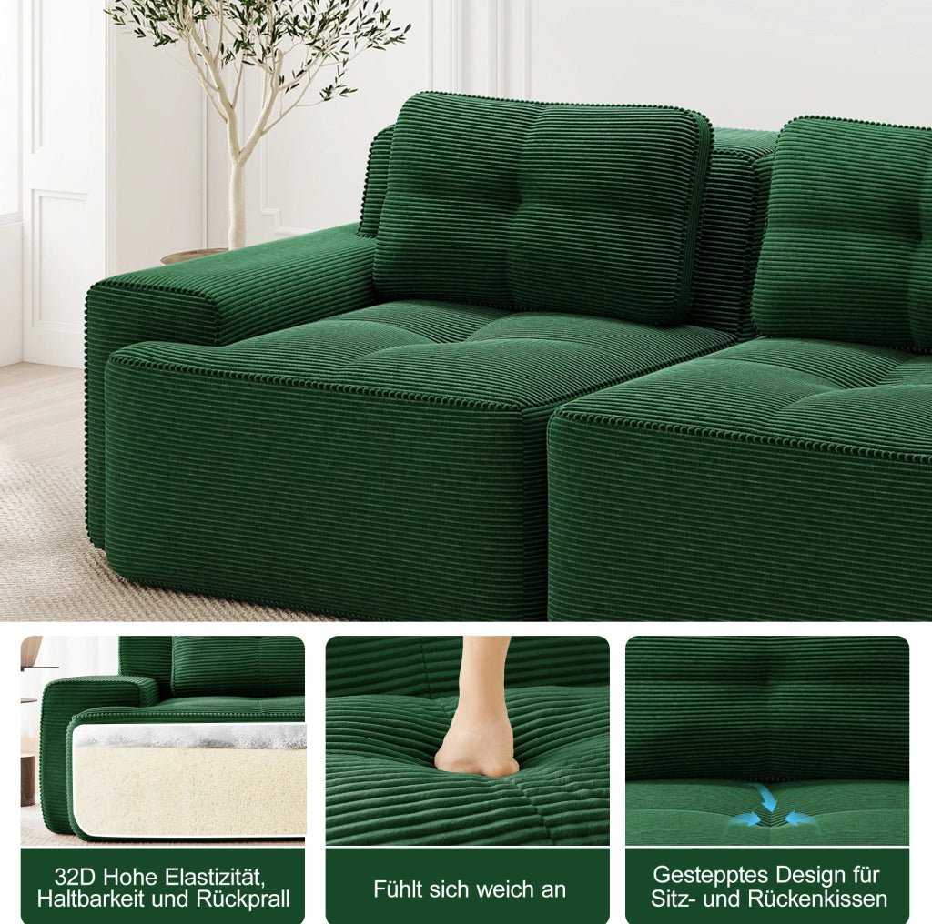 Divano modulare in corduroy verde con seduta profonda 204x104x69 cm