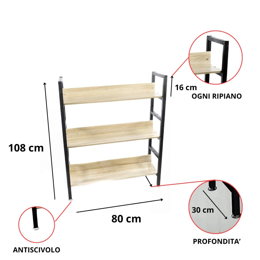 MOHOME Scaffale Legno Acciaio Ripostiglio 3 Ripiani Regolabili Libreria Portaoggetti Mobile Verticale Scaffalatura Salvaspazio 80 x 30 x 108 cm Salotto Camera Garage Officina Magazzino