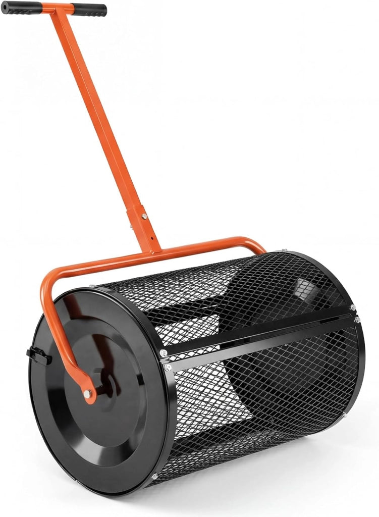 Spandiconcime a Rullo, Rullo da Giardino con Impugnatura Pratica Chiusure Laterali e Rete in Metallo per Concimazione e Semina, Spandiconcime per Prato e Giardino (40 x 61 cm Nero)