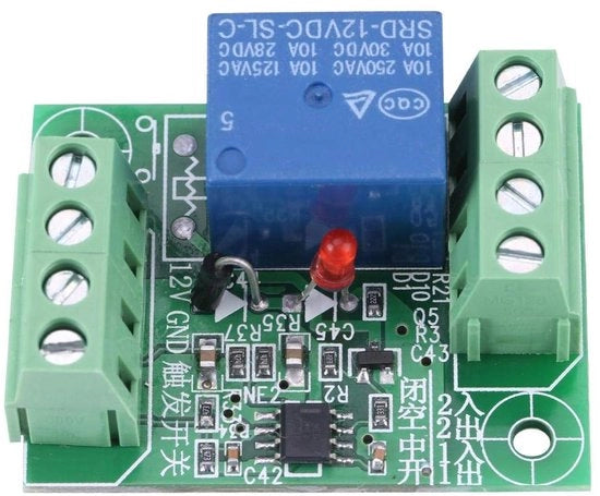 Modulo di controllo a relè DC 12V, progettato con connettori a vite, interruttore a canale singolo per circuiti stampati stabili.