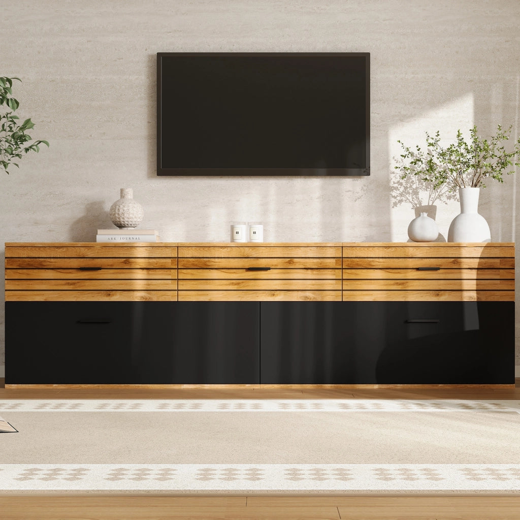 Mobile TV, 3 cassetti, adatto a televisori fino a 65 pollici, 168x38x59 cm, colore legno naturale e nero