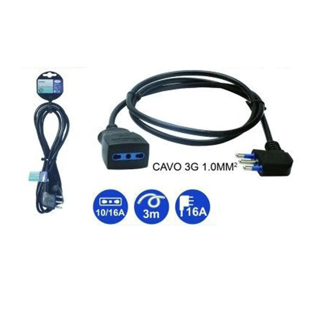 Trade Shop - Prolunga Lineare Nera Cavo Da 3 Mt Spina 16a + Presa Bipasso 10/16a 2p+t 83282 -