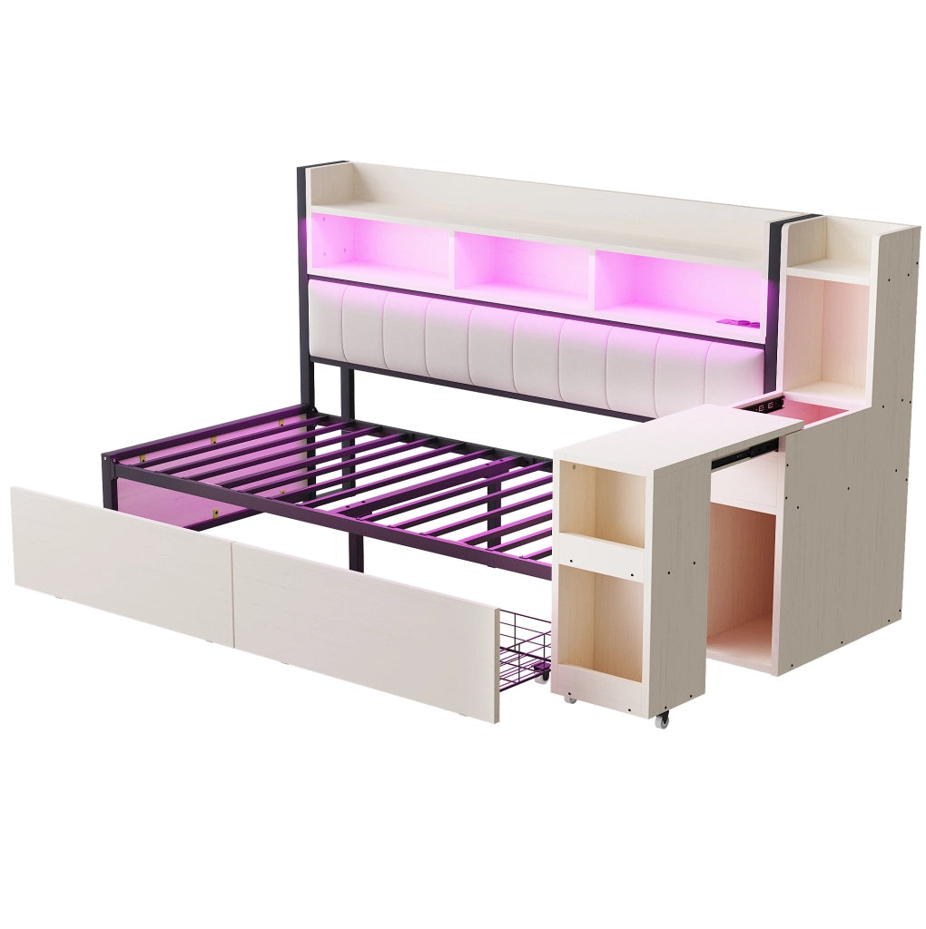 Letto singolo multifunzione 90x200 cm con scrivania mobile; contenitori e prese; bianco e legno