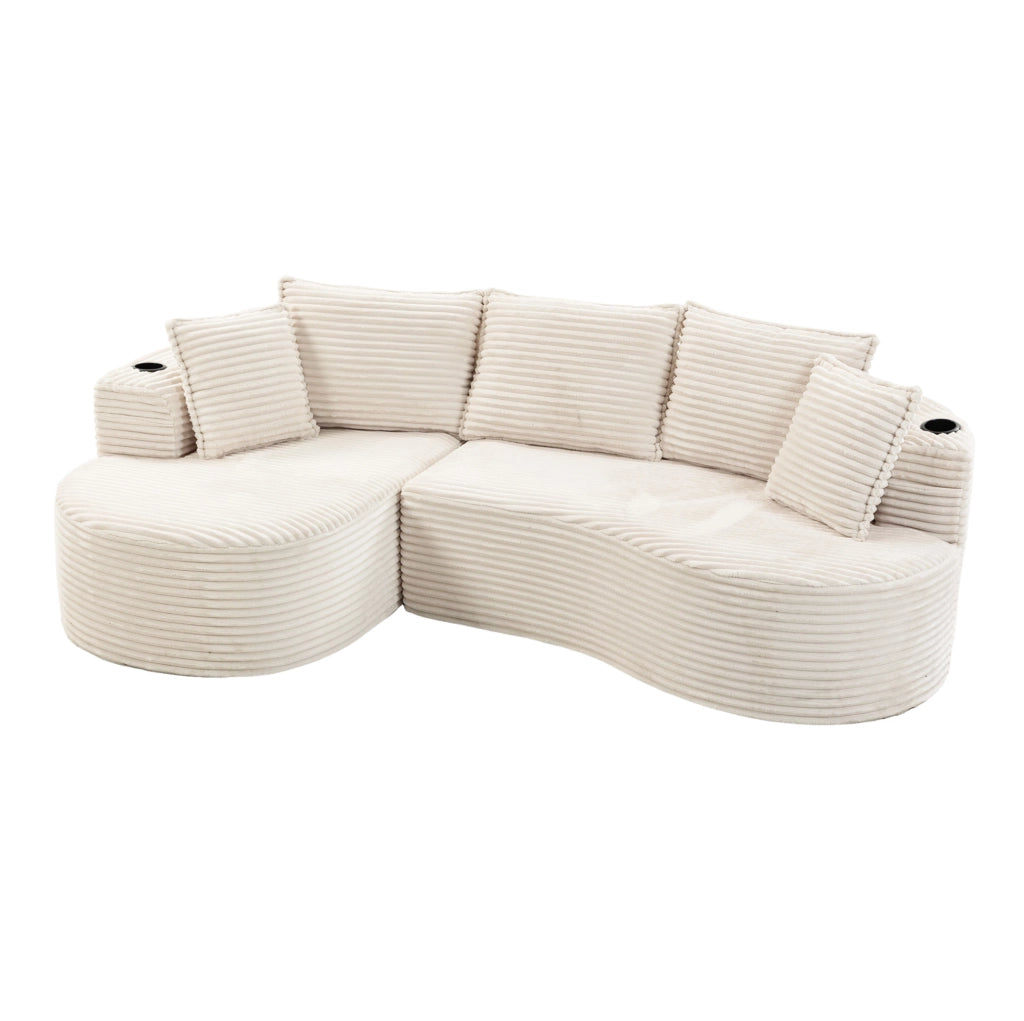 Divano curvo beige in velluto a coste con portabevande e tasche laterali per il massimo comfort