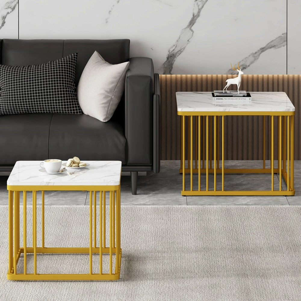 Set 2 Tavolini da Caff¨¨ Effetto Marmo Lucido ¨C MINIMAL ¨C Piano Quadrato, Gambe Dorate, 60x60x45 e 45x45x40