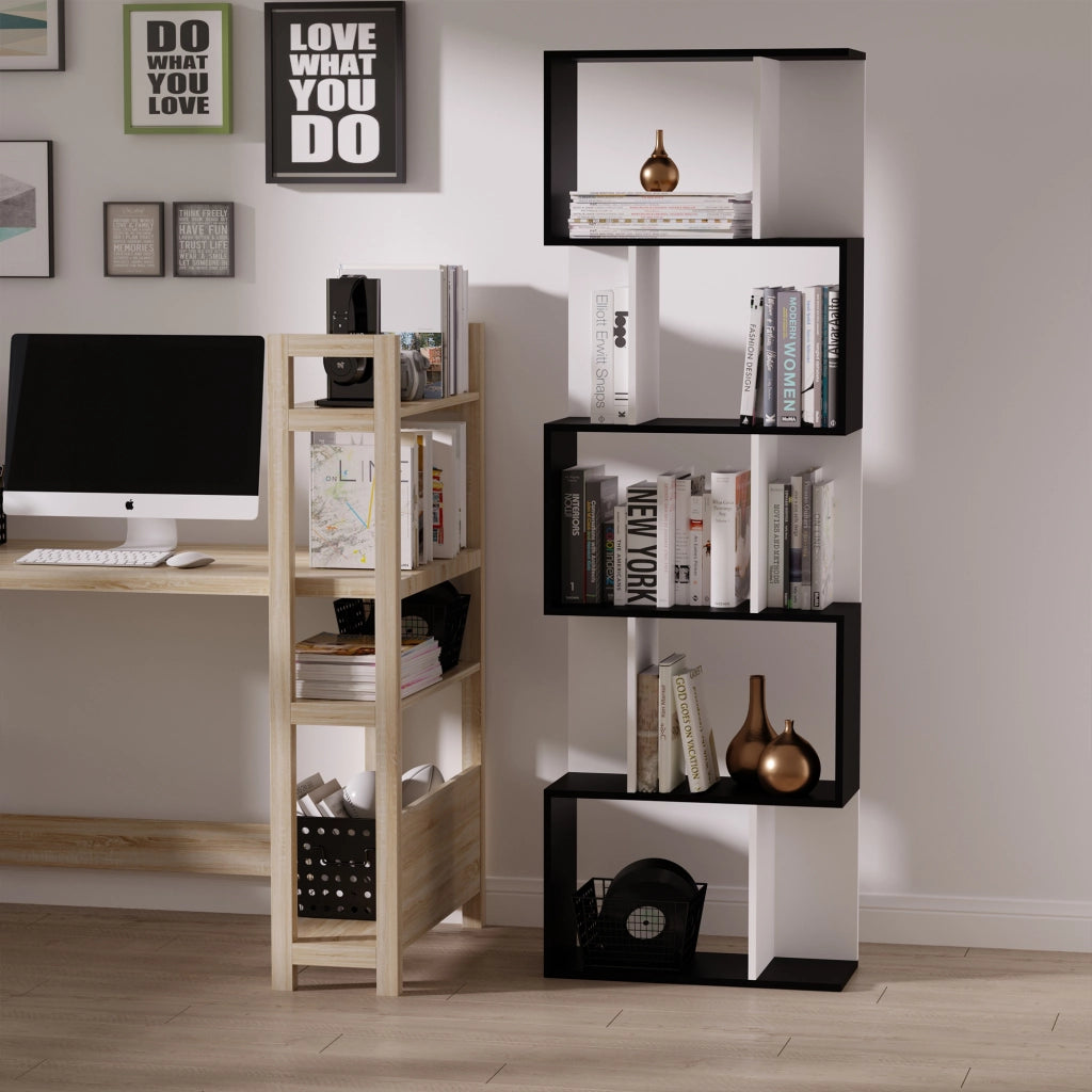 Libreria in Legno 5 Ripiani con Divisorio ¨C zephmum ¨C Bianco e Nero 60x24x184.5 cm