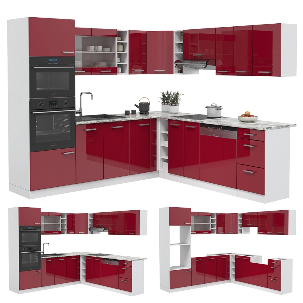 Cucina angolare completa R-Line Rosso lucido/Bianco 247 x 237 cm, PL Rovere Vicco