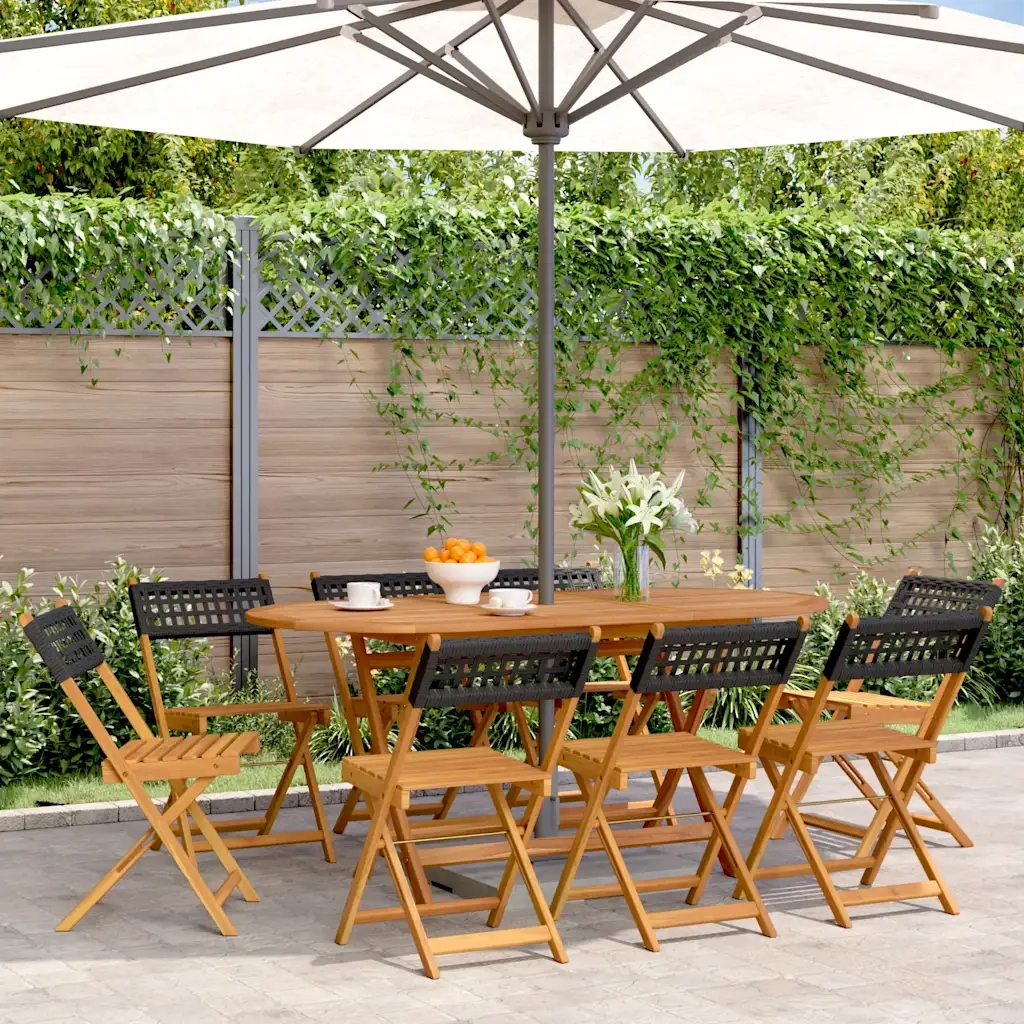 Sedie Giardino Pieghevoli 8 pz | Sedie da Esterno Nere Polyrattan e Legno Massello