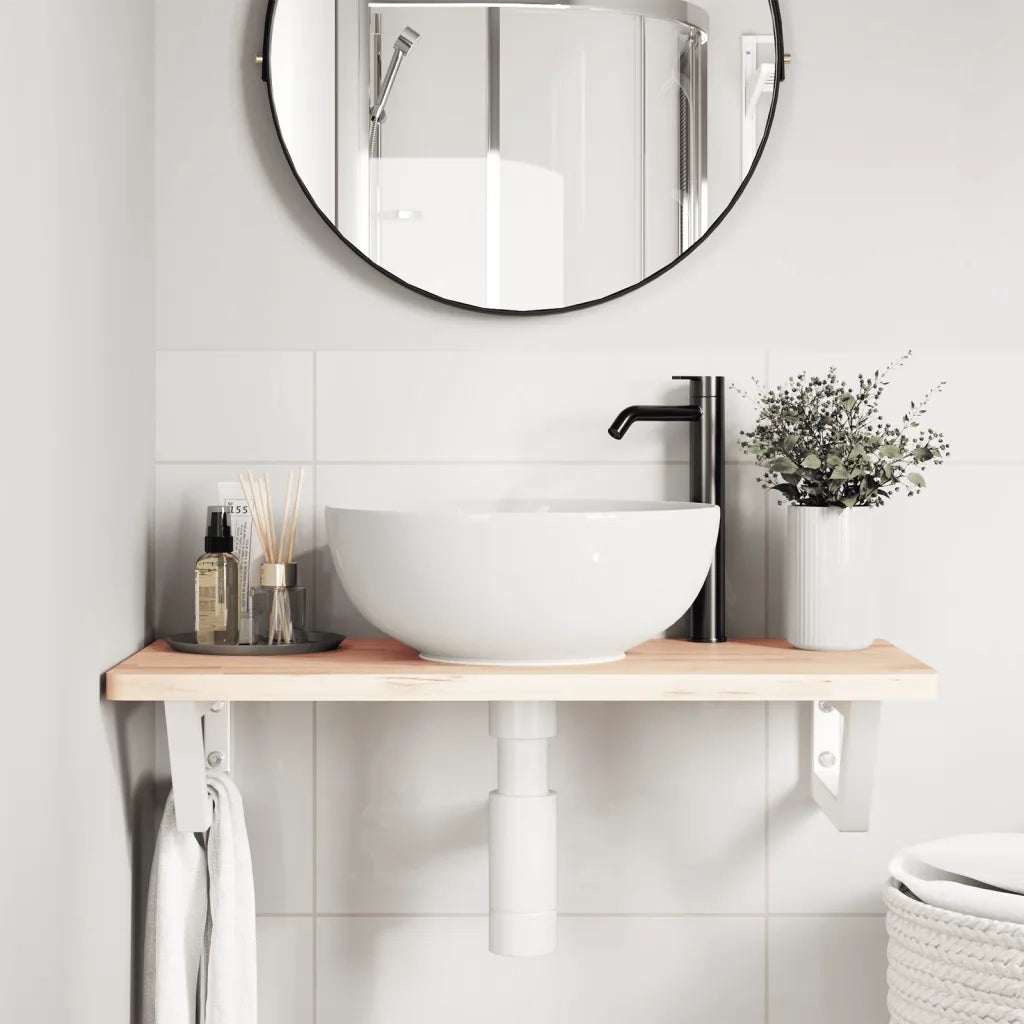 Ripiano a Parete per Lavabo in Acciaio e Massello di Faggio
