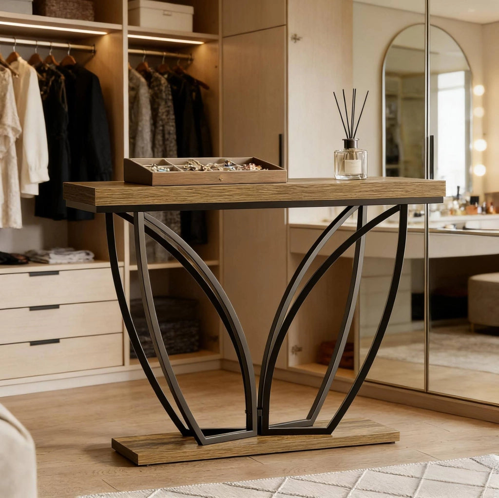 Console ingresso 105x29,5x80 cm nera/marrone rustico con ripiano basso, MDF metallo