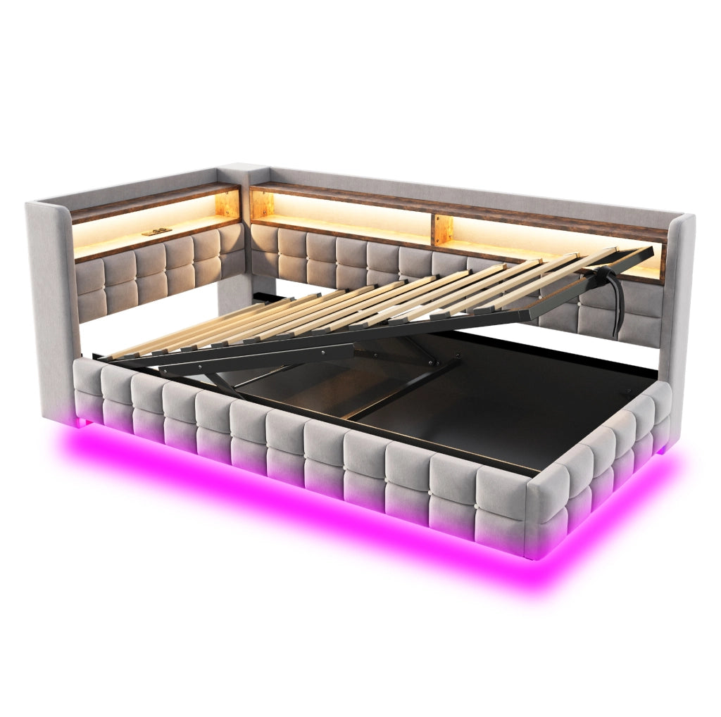 Letto imbottito multifunzione 90x200 cm in velluto grigio chiaro con contenitore; LED e prese