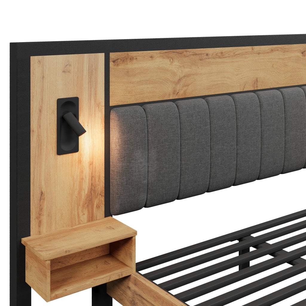 Letto matrimoniale imbottito 160x200 in legno, metallo e lino con luci lettura, USB-C e panca contenitore