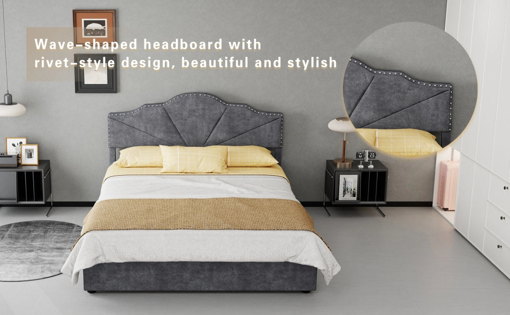 DESMIU Letto contenitore 140 × 200 cm 2 posti con testiera geometrica, senza materasso, in tessuto, grigio