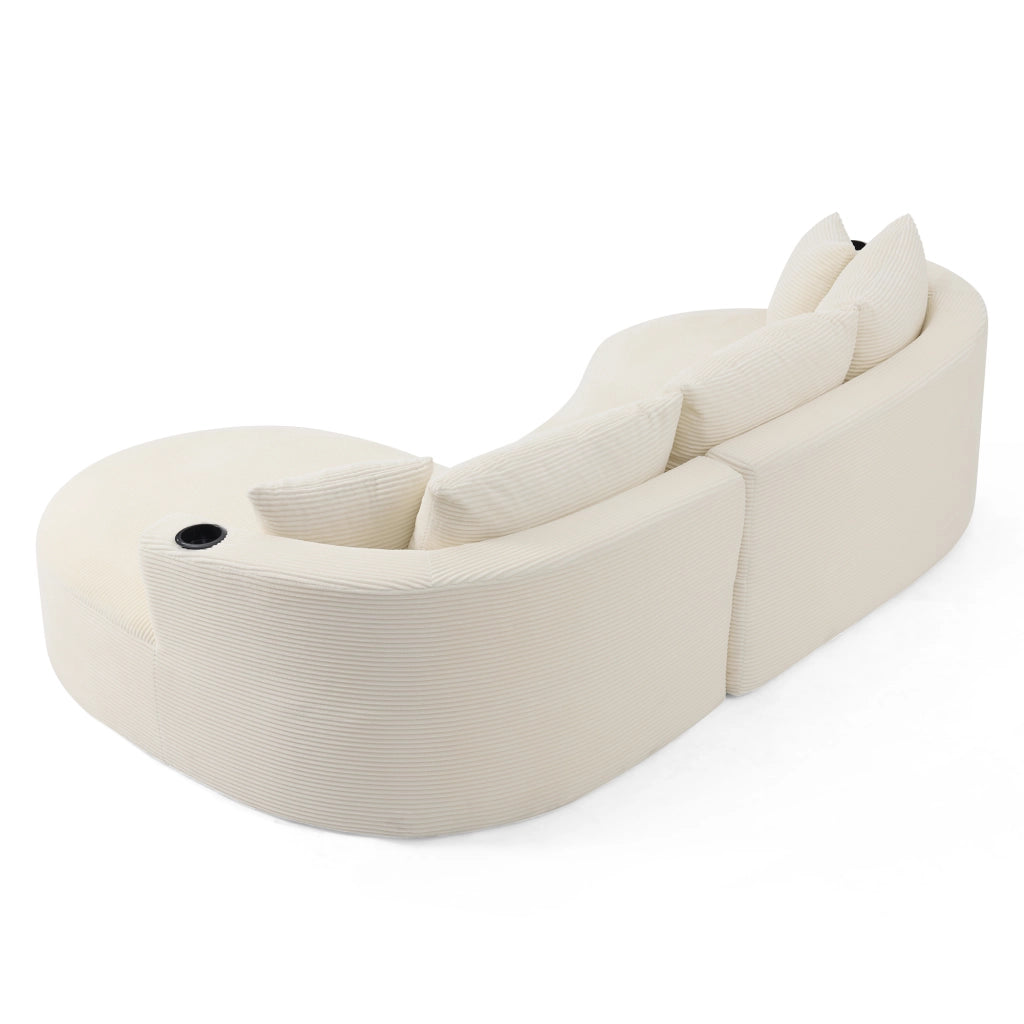 Divano Angolare 3 Posti con Chaise Longue ¨C MINIMAL ¨C Tessuto a Coste, Beige, con Cuscini e Portabicchieri