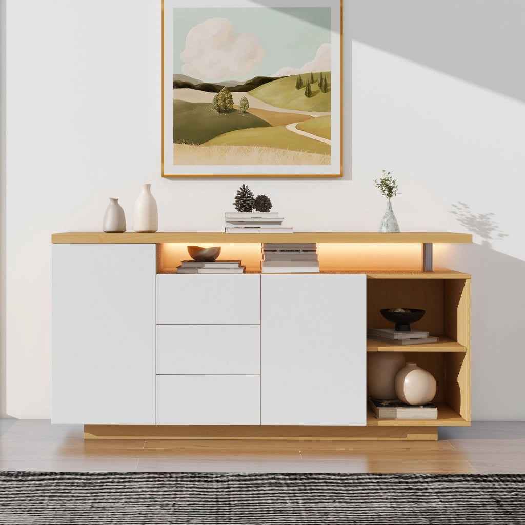 OKWISH Madia con 2 Ante, 3 Cassetti e 2 Vani Aperti, LED e Ripiani Regolabili, per Soggiorno, 140 x 40 x 70 cm