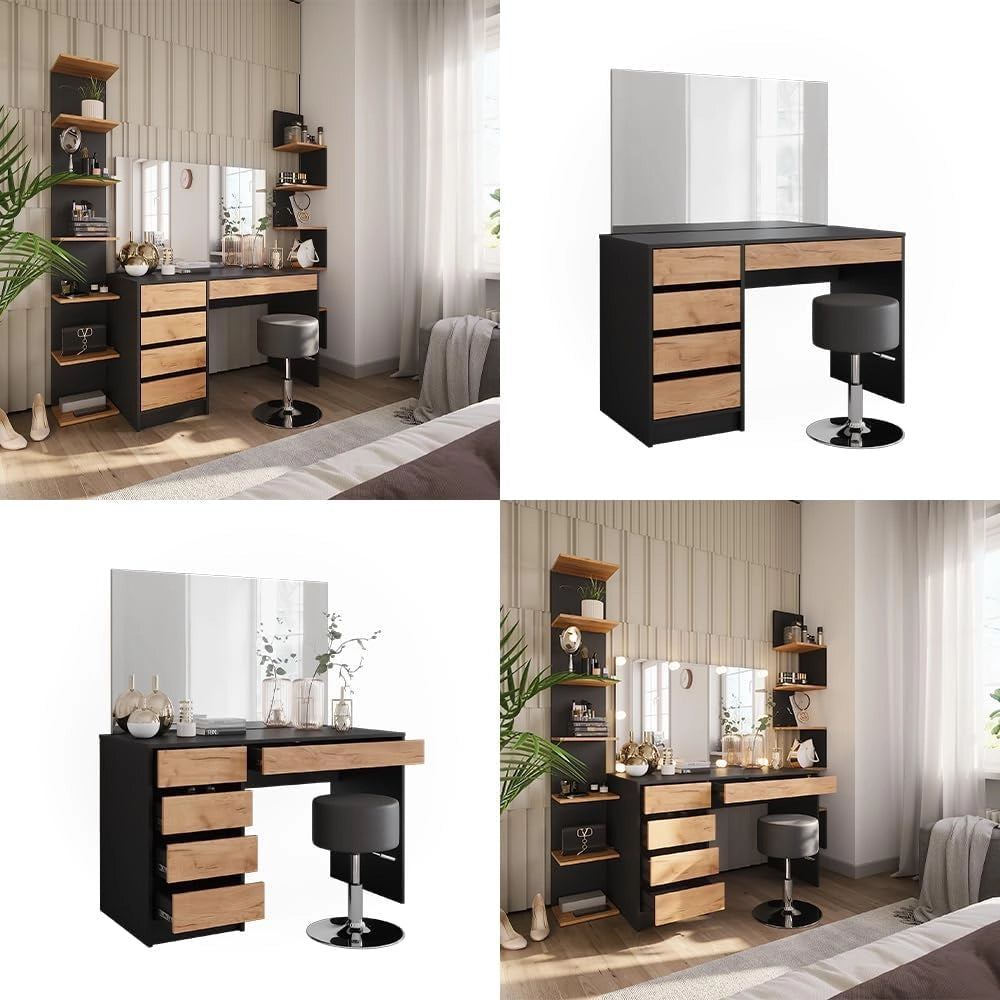 Tavolino da toilette Sherry, Antracite/quercia dorata, 120 x 75 cm con specchio e sgabello, inclusi sgabello e grande specchio per l’uso quotidiano