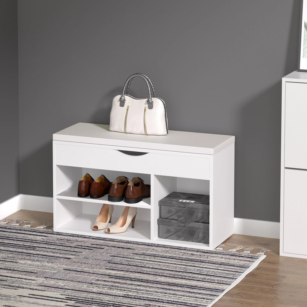 Scarpiera con panca e cassetto ¨C zephmum ¨C bianco, legno, 80x30x47 cm