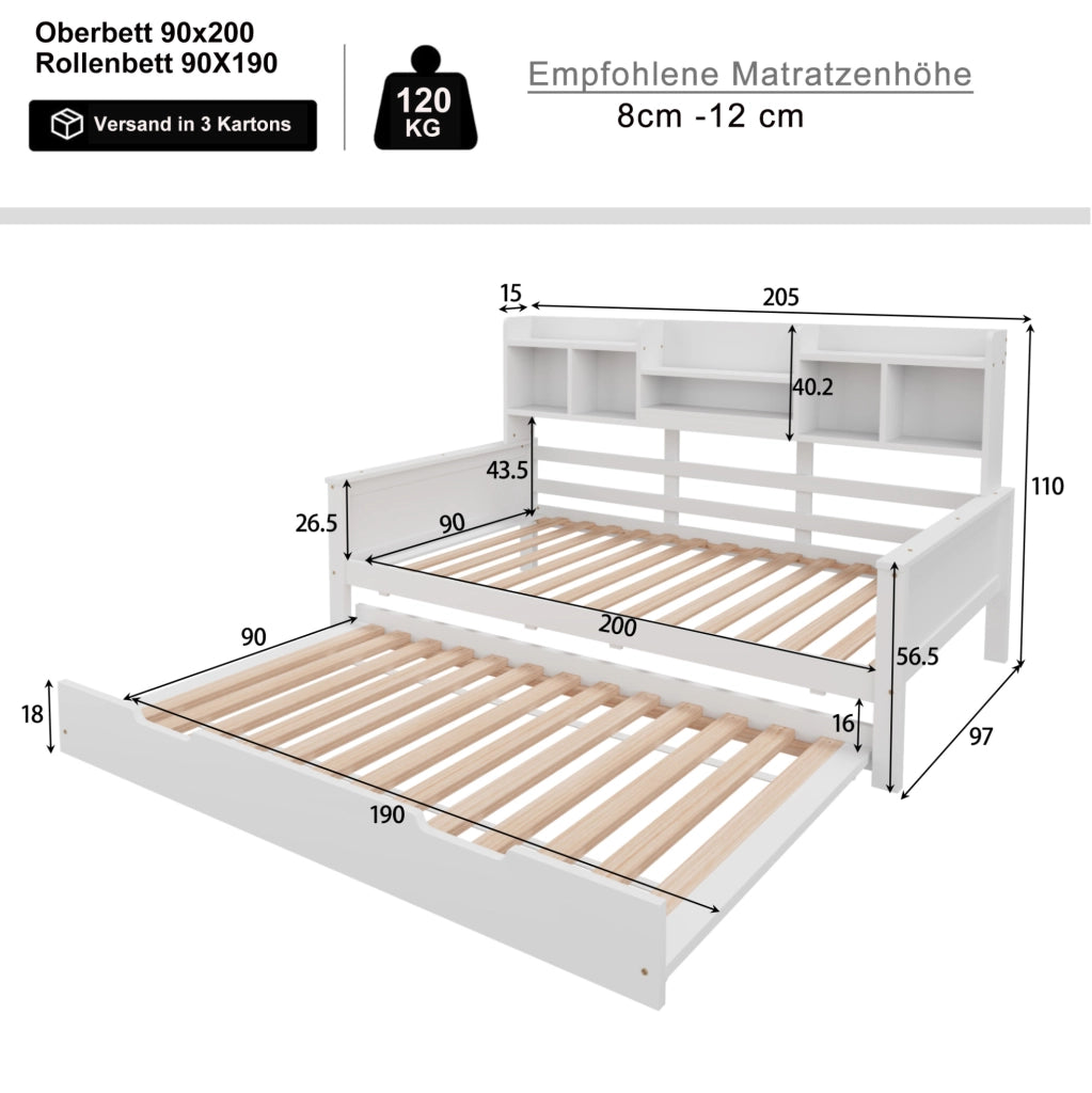 Divano letto multifunzione estraibile 90x200 cm con vano portaoggetti; bianco