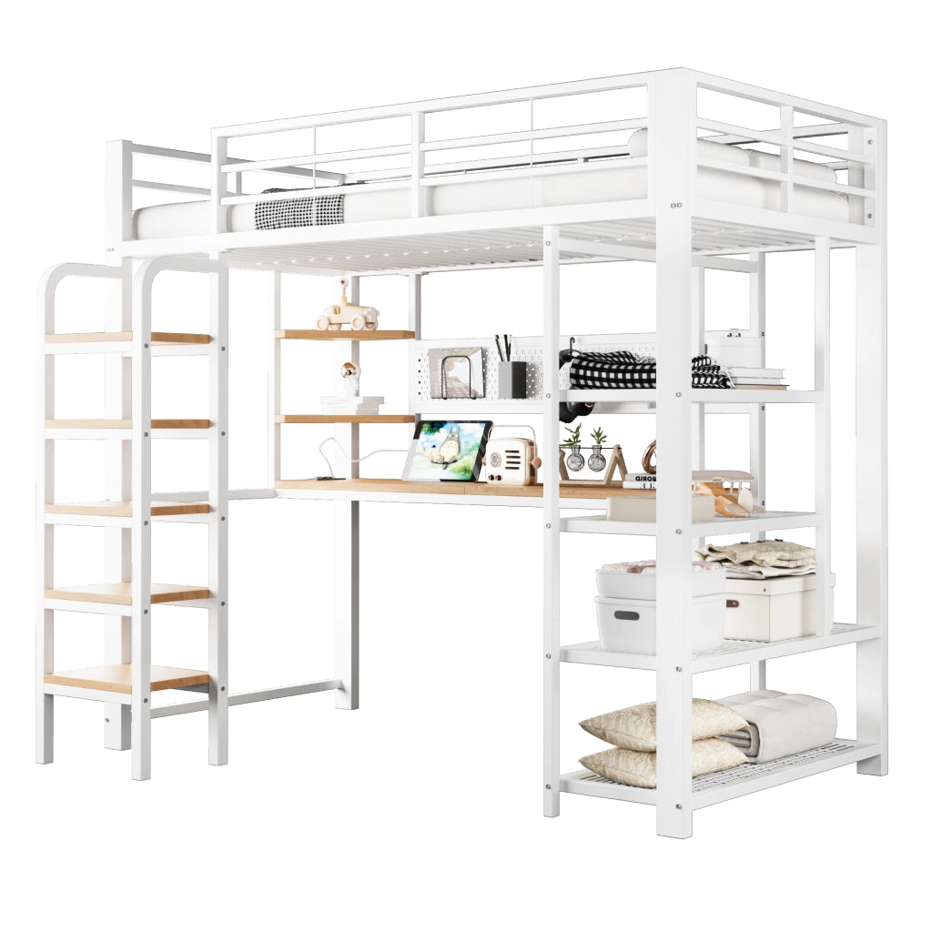 LETTO a soppalco 90x200 cm in metallo bianco con scrivania, LED e prese