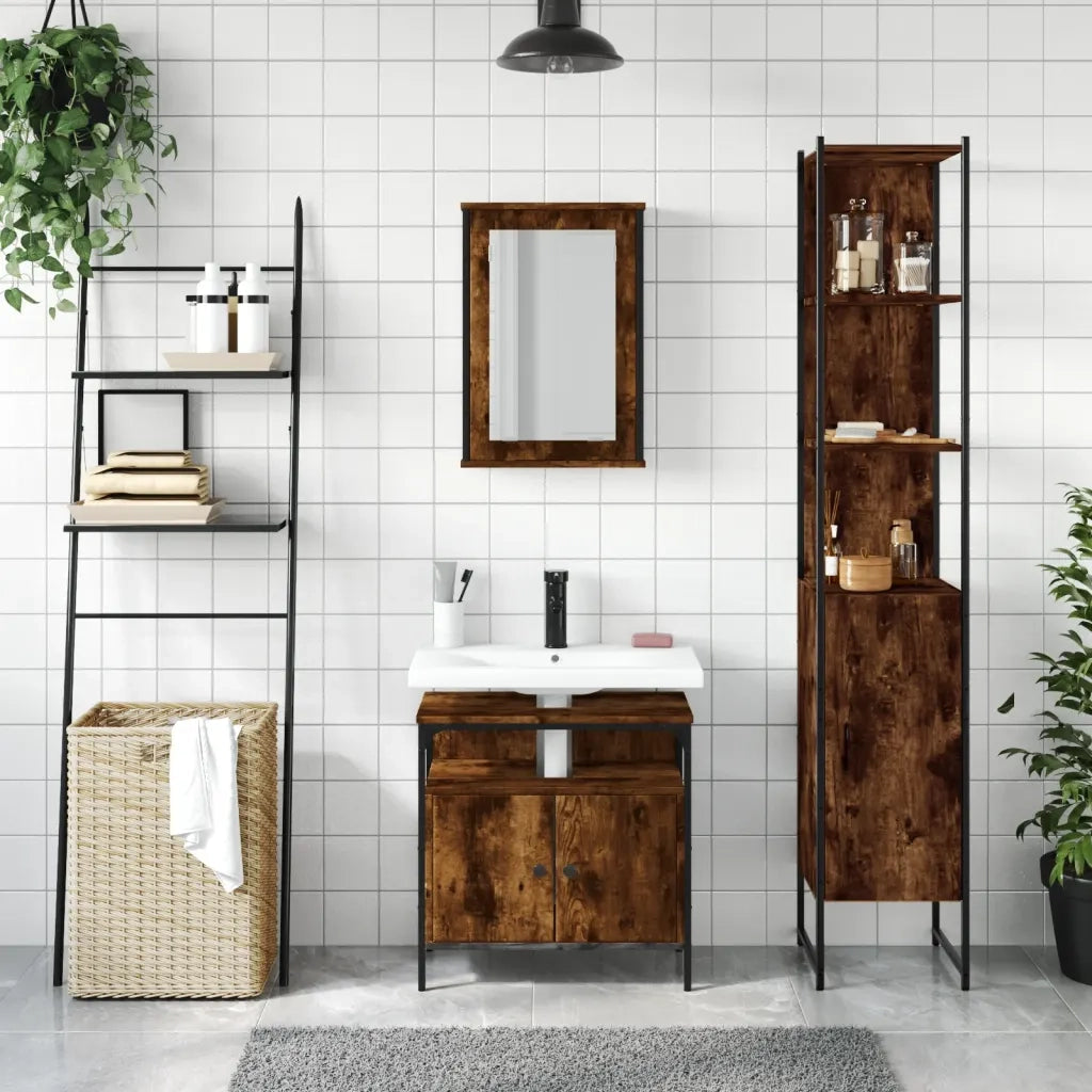 Set Mobili da Bagno 3 pz Rovere Fumo in Legno Multistrato