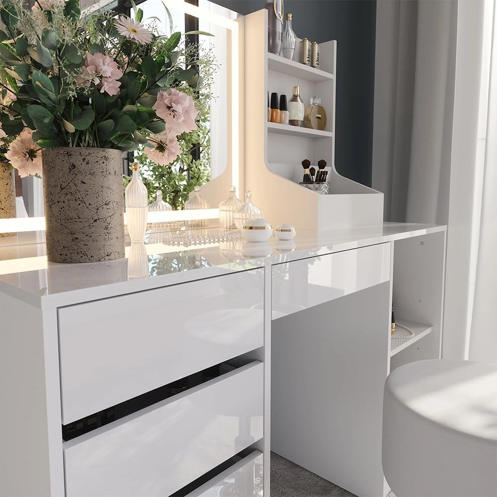 Tavolo da toeletta Sherry, Bianco/bianco lucido, 128.2 cm 4 parti