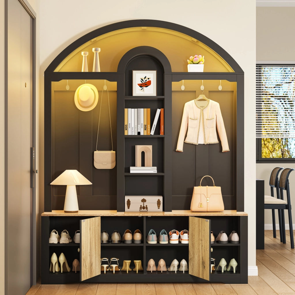 Mobile d'ingresso con 2 Ante; 3 Ripiani Aperti; Ganci e LED USB; Stile Nordico; in MDF; Nero; 150??40??195 cm