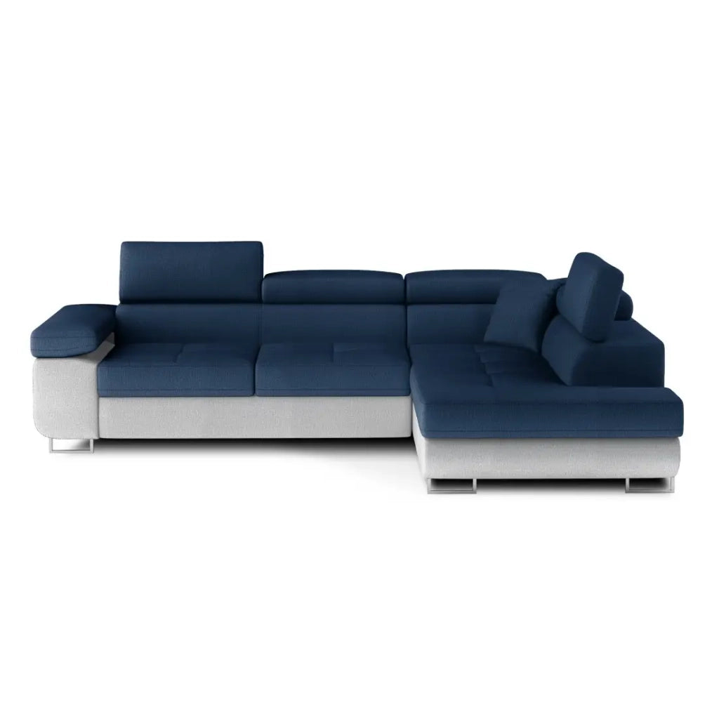 Divano ad angolo convertibile MENTON blu oceano e bianco – Angolo destro con contenitore