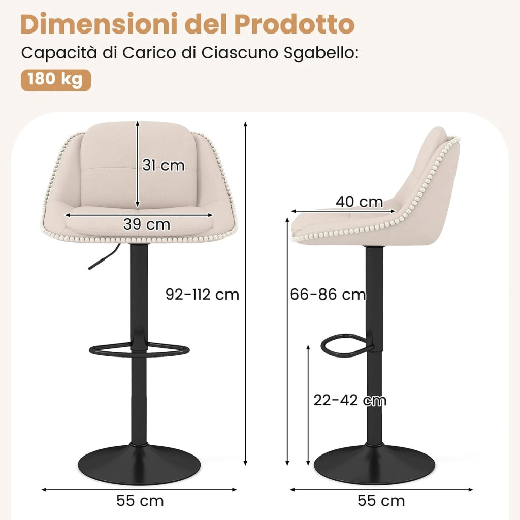 Set di 2 Sgabelli da Bar Regolabili in Ciniglia con Poggiapiedi | Set di 2 Sedie da Bar Girevoli con Cuscini Imbottiti per Schiena e Seduta per Isole Cucina e Sale da Pranzo