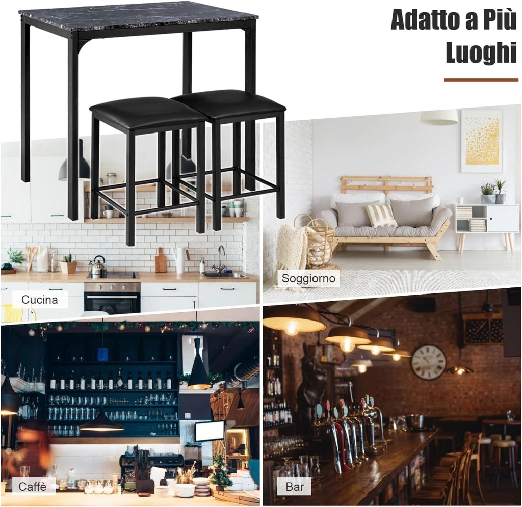 Tavolo Cucina con 2 Sgabelli, Tavolo Alto con 2 Sgabelli Senza Schienale in Similpelle da Cucina, Sala da Pranzo e Soggiorno, Tavolo Bar con Sgabelli Moderno per Spazi Piccoli (Nero)