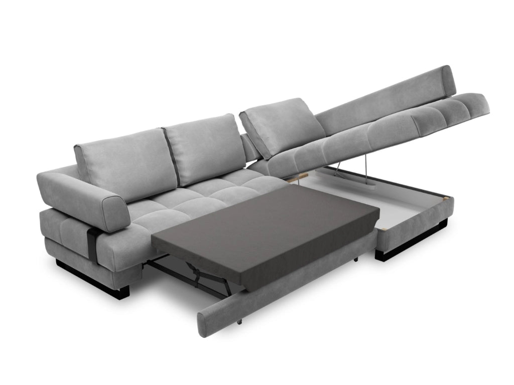 Cosmopolitan Design - Divano convertibile angolare destro con contenitore "Clinton" 5 posti in velluto grigio chiaro 