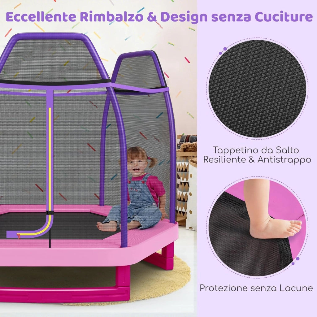 Trampolino Elastico per Bambini 223 cm, Tappeto Elastico per Bambini da Esterno ed Interno con Rete e Cuscinetto a Molle, Portata150 kg, Adatto ai Bambini 3+ Anni